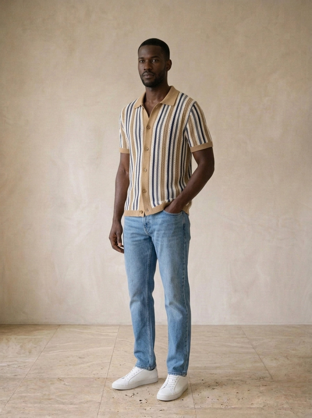 Caqui | Camisa de tricô listrada Gênova caqui – vista três quartos