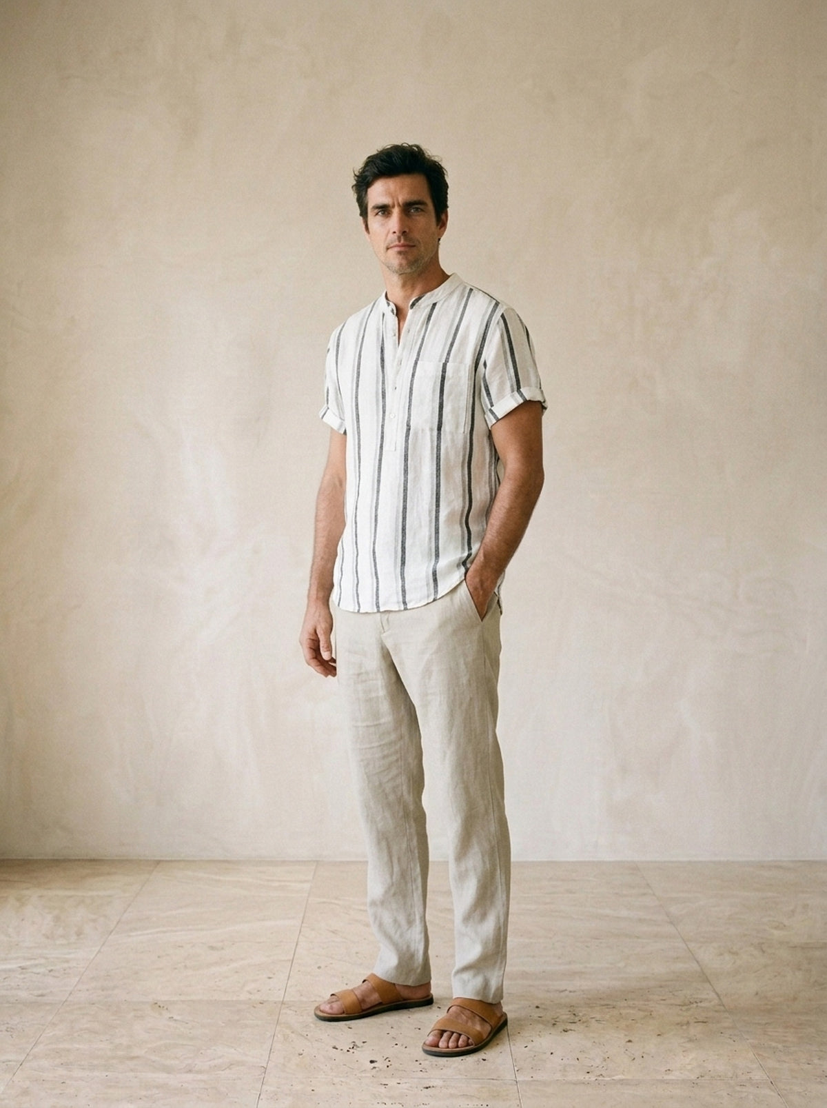 Branco | Camisa de linho gola padre Gordes branco – vista três quartos