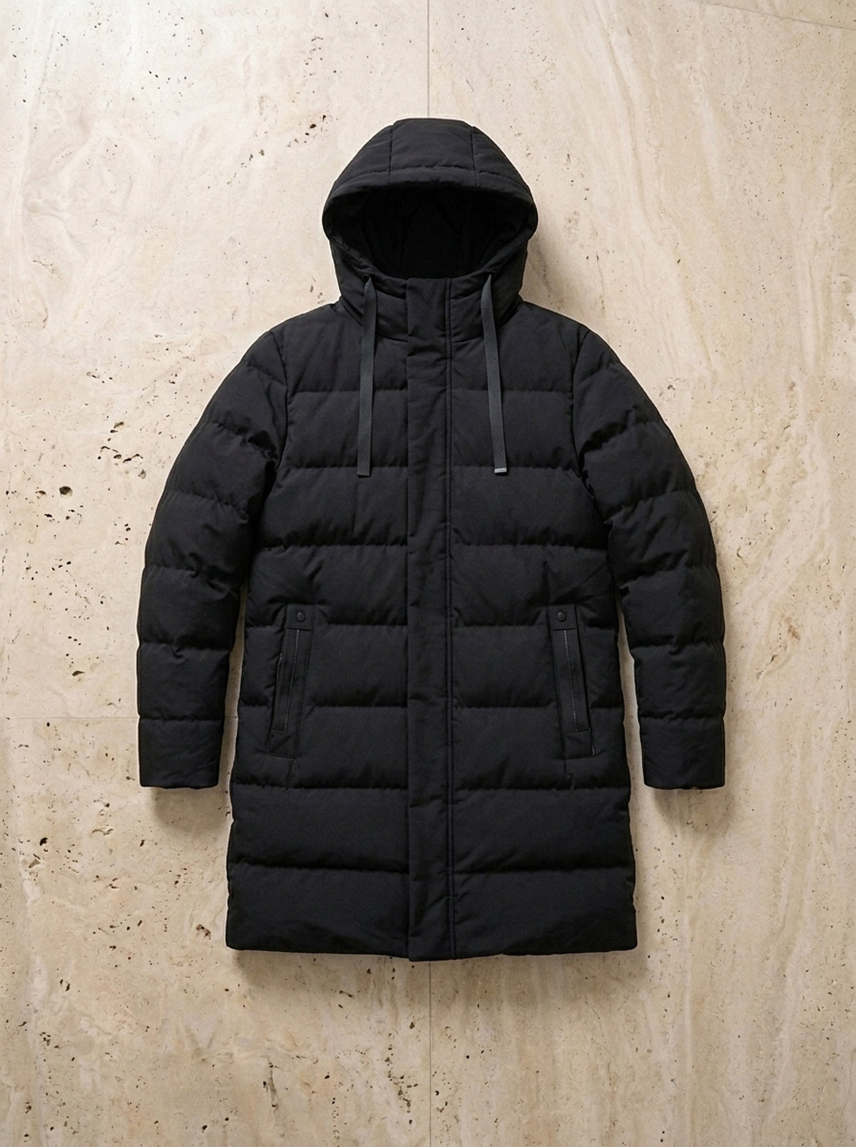 Preto | Casaco puffer comprido Gotemburgo preto – peça sozinha vista de cima