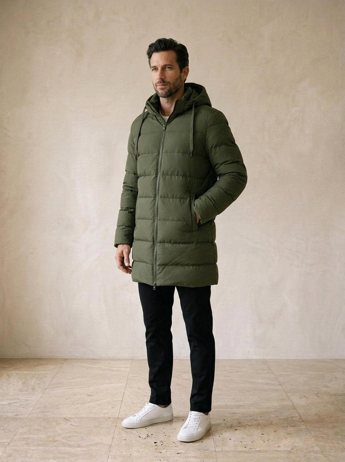 Verde | Casaco puffer comprido Gotemburgo verde – vista três quartos