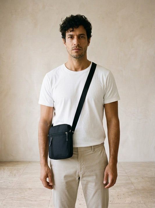 Preto | Bolsa de ombro de lona Gradara preto – modelo com a bolsa, vista de frente