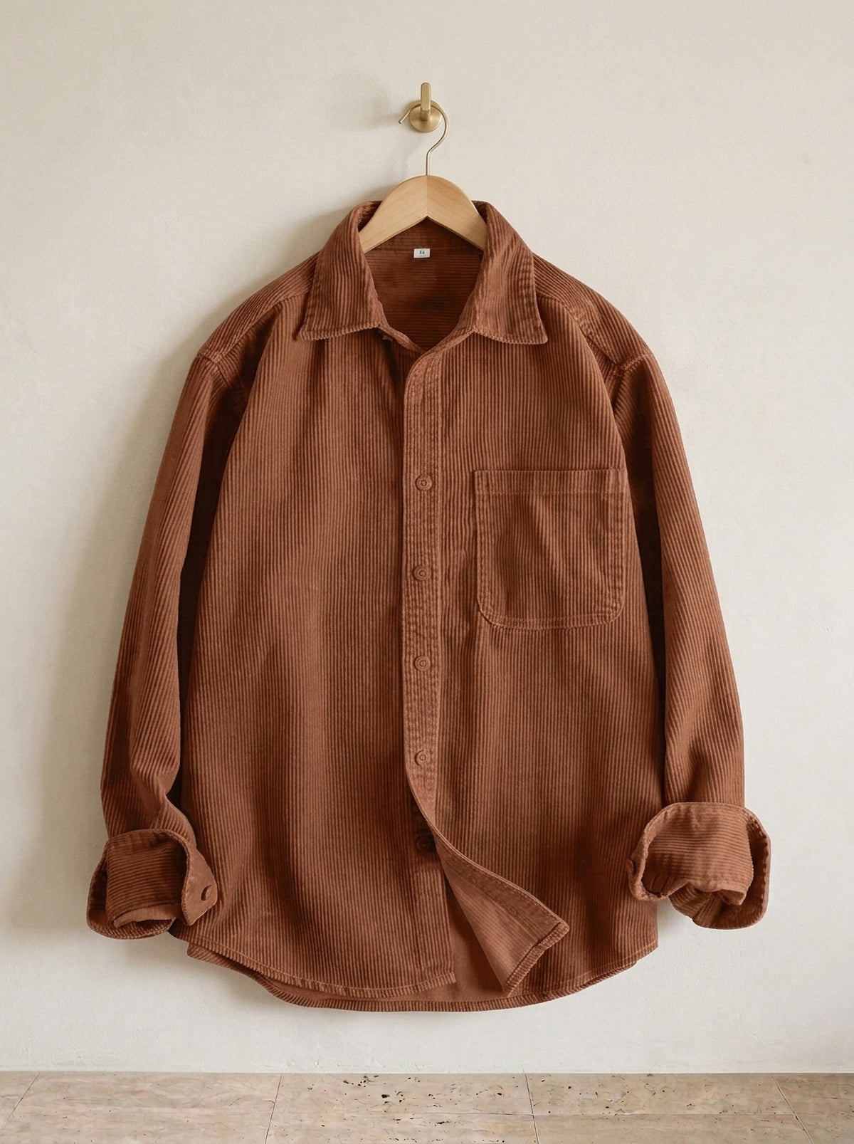 Caramelo | Camisa de veludo manga longa Graz caramelo – peça sozinha, no cabide de madeira