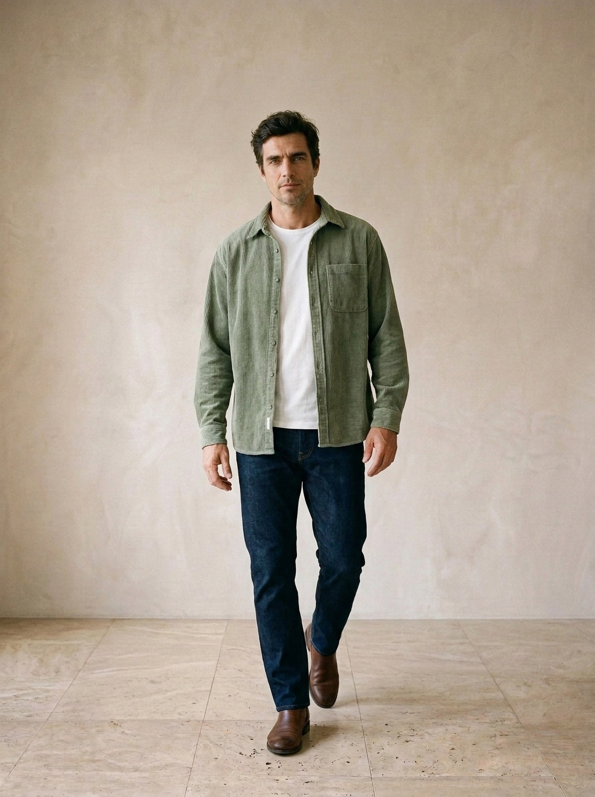 Verde | Camisa de veludo manga longa Graz verde – corpo inteiro, modelo caminhando