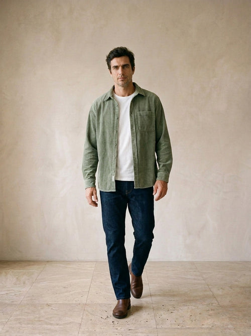 Verde | Camisa de veludo manga longa Graz verde – corpo inteiro, modelo caminhando