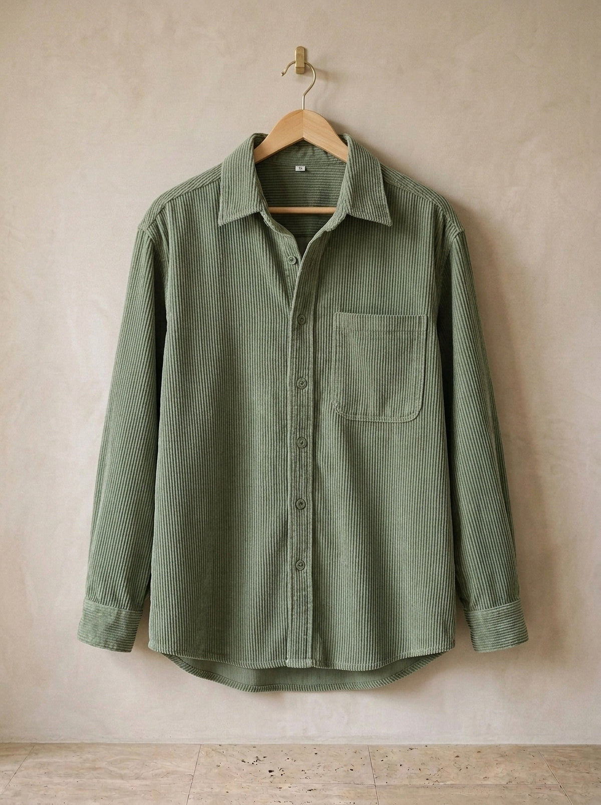 Verde | Camisa de veludo manga longa Graz verde – peça sozinha, no cabide de madeira