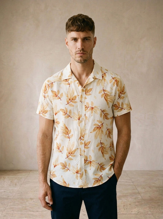 Branco | Camisa estampa de folhas Grenoble branco – vista de frente, recorte próximo