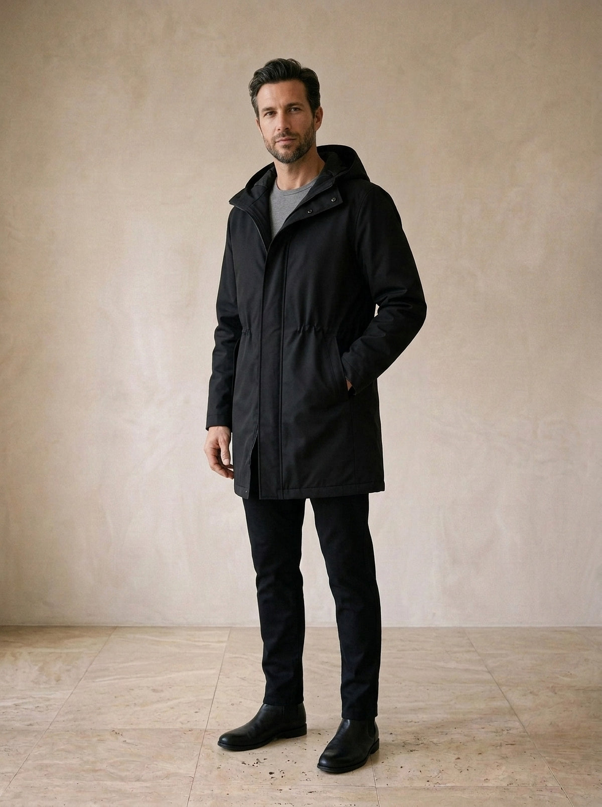 Preto | Parka com capuz Groningen preto – vista três quartos