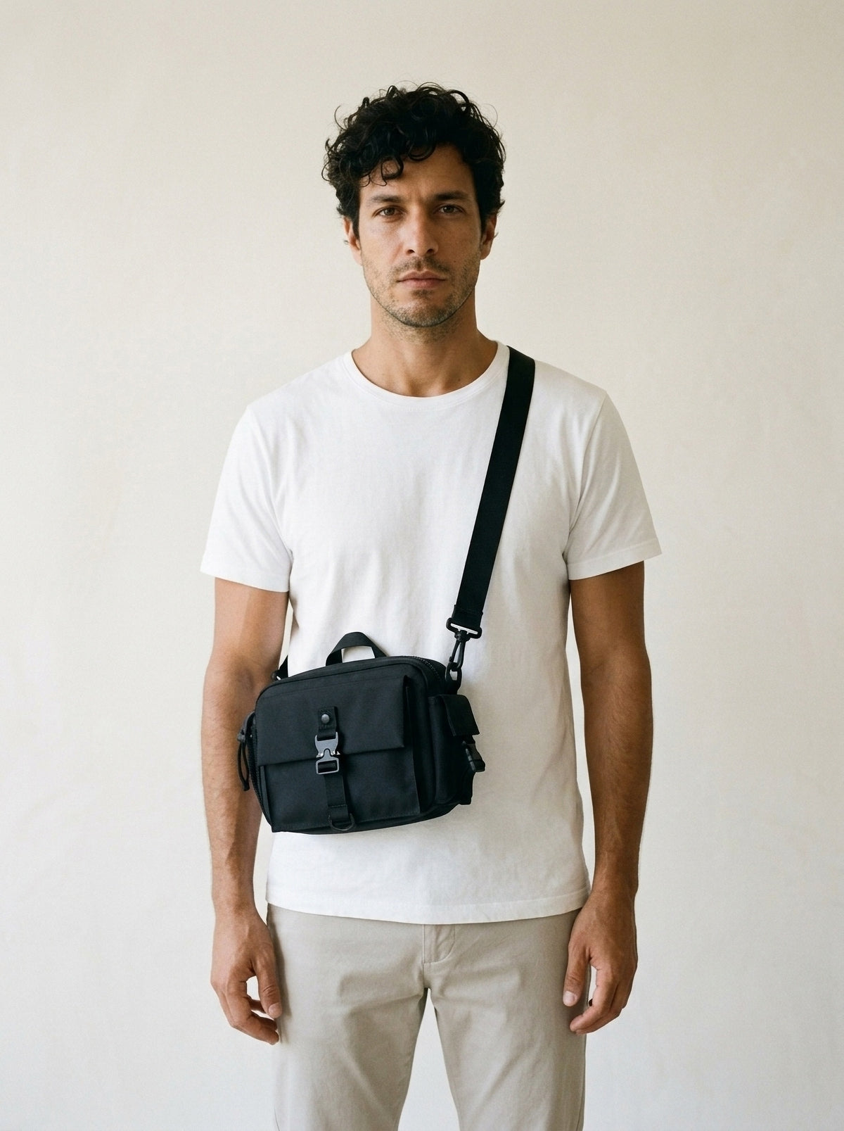Preto | Bolsa de ombro de nylon Gubbio preto – modelo com a bolsa, vista de frente