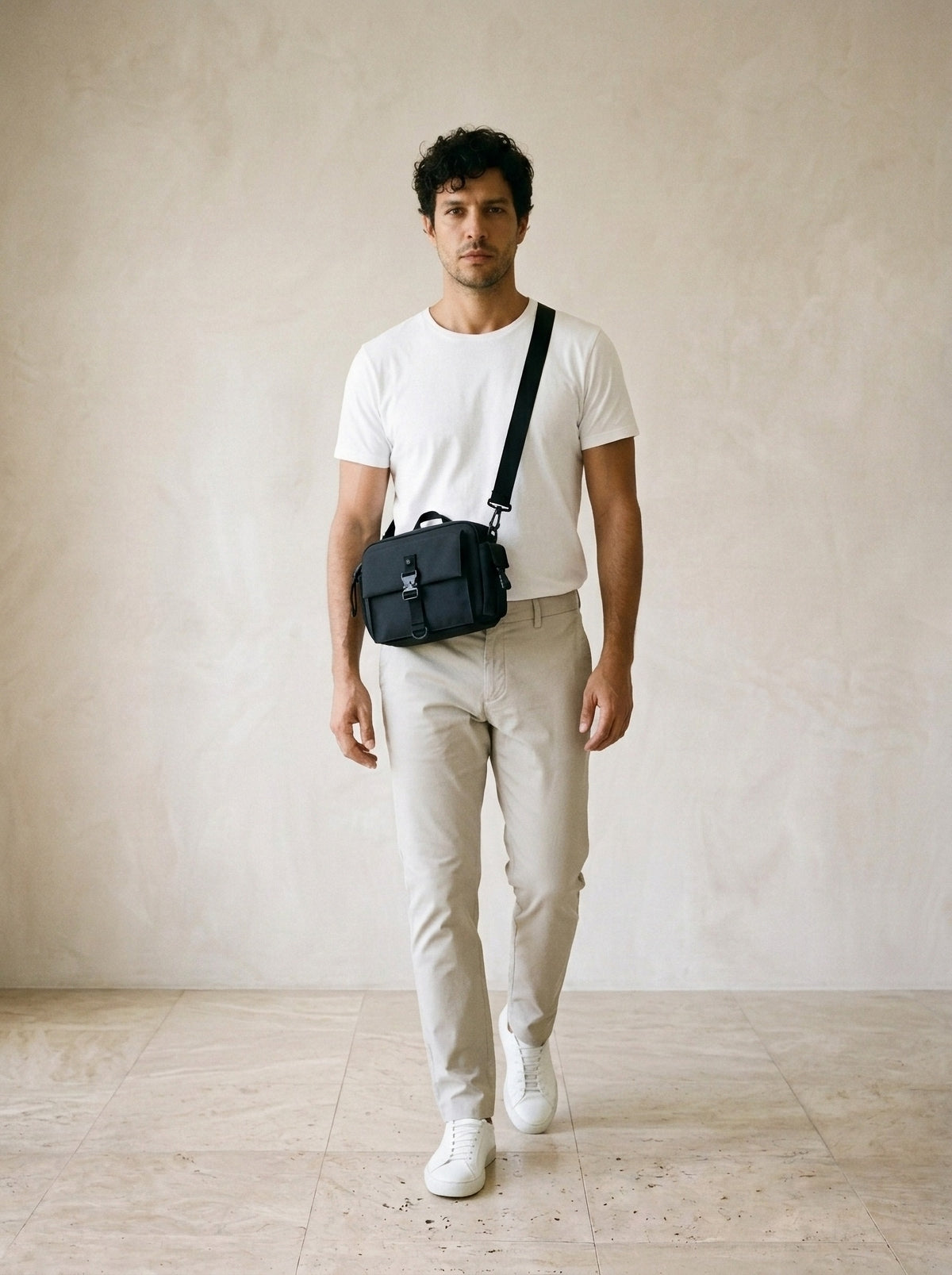 Preto | Bolsa de ombro de nylon Gubbio preto – modelo caminhando com a bolsa