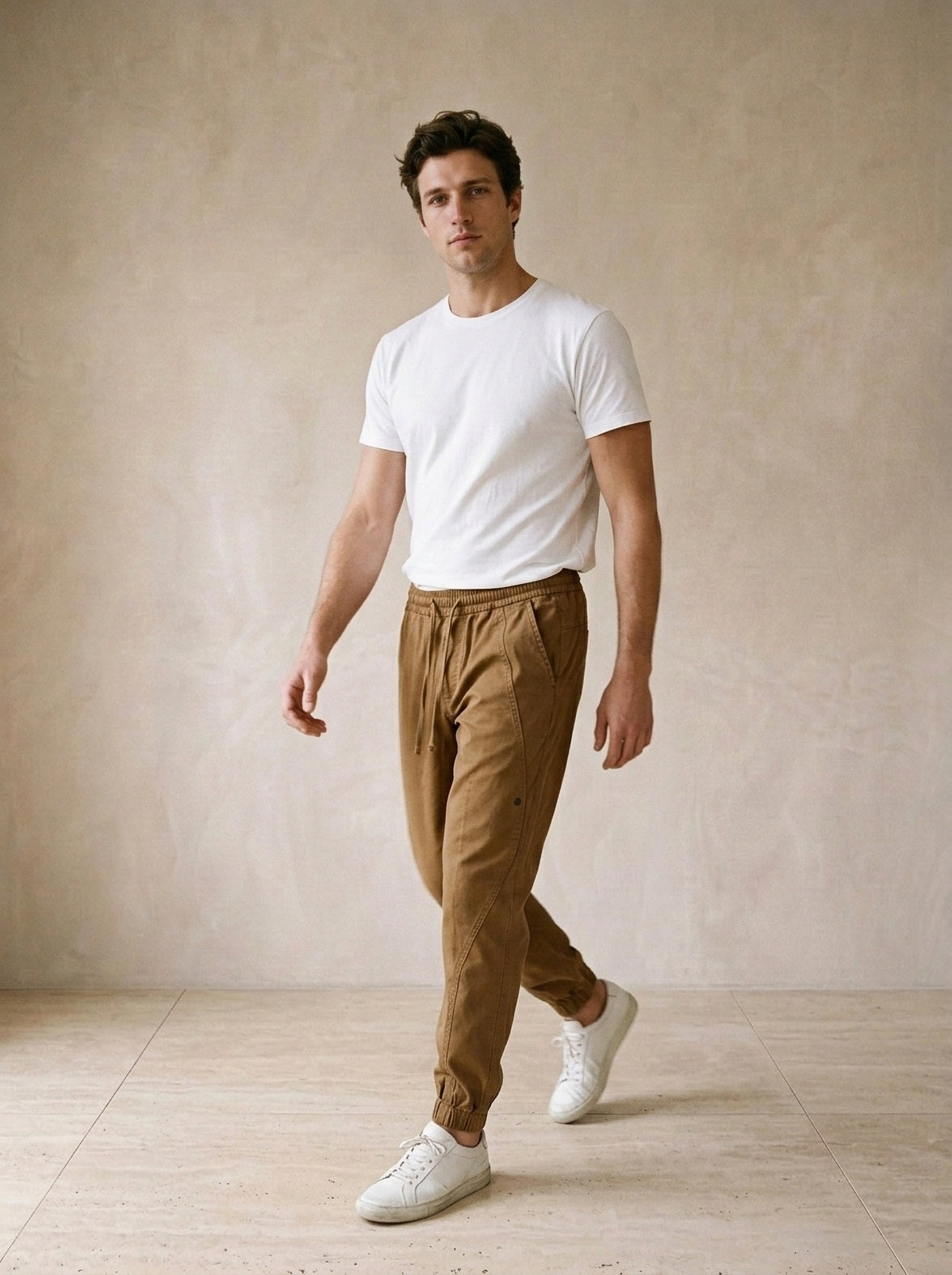 Marrom | Calça jogger de algodão Guimarães marrom – corpo inteiro, modelo caminhando