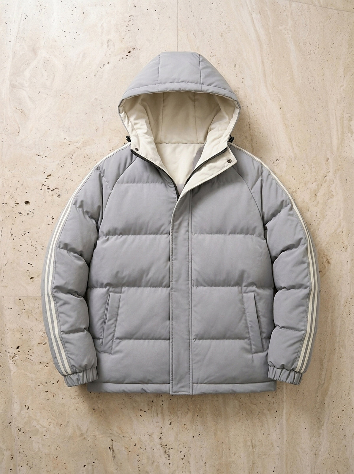 Cinza | Jaqueta puffer com capuz Haia cinza – peça sozinha vista de cima