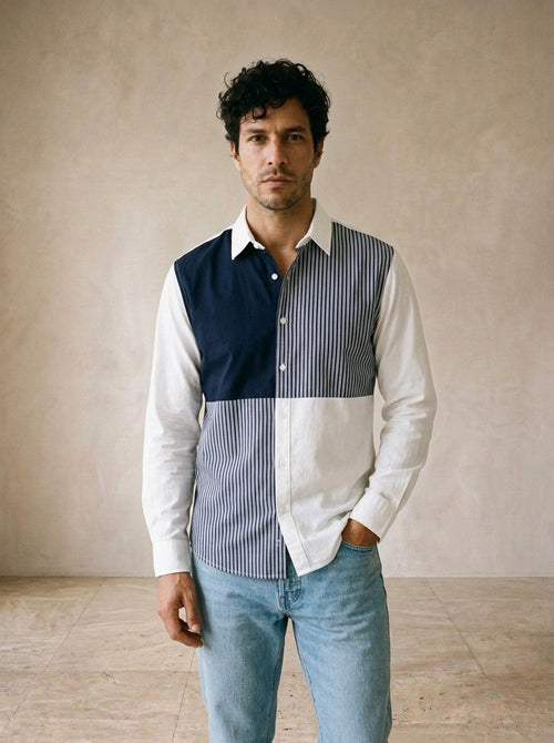 Branco | Camisa patchwork listrada Húsavík branco – vista de frente, recorte próximo