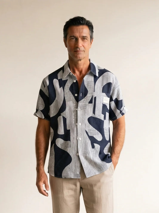 Azul | Camisa casual manga curta Ibiza azul – vista de frente, recorte próximo