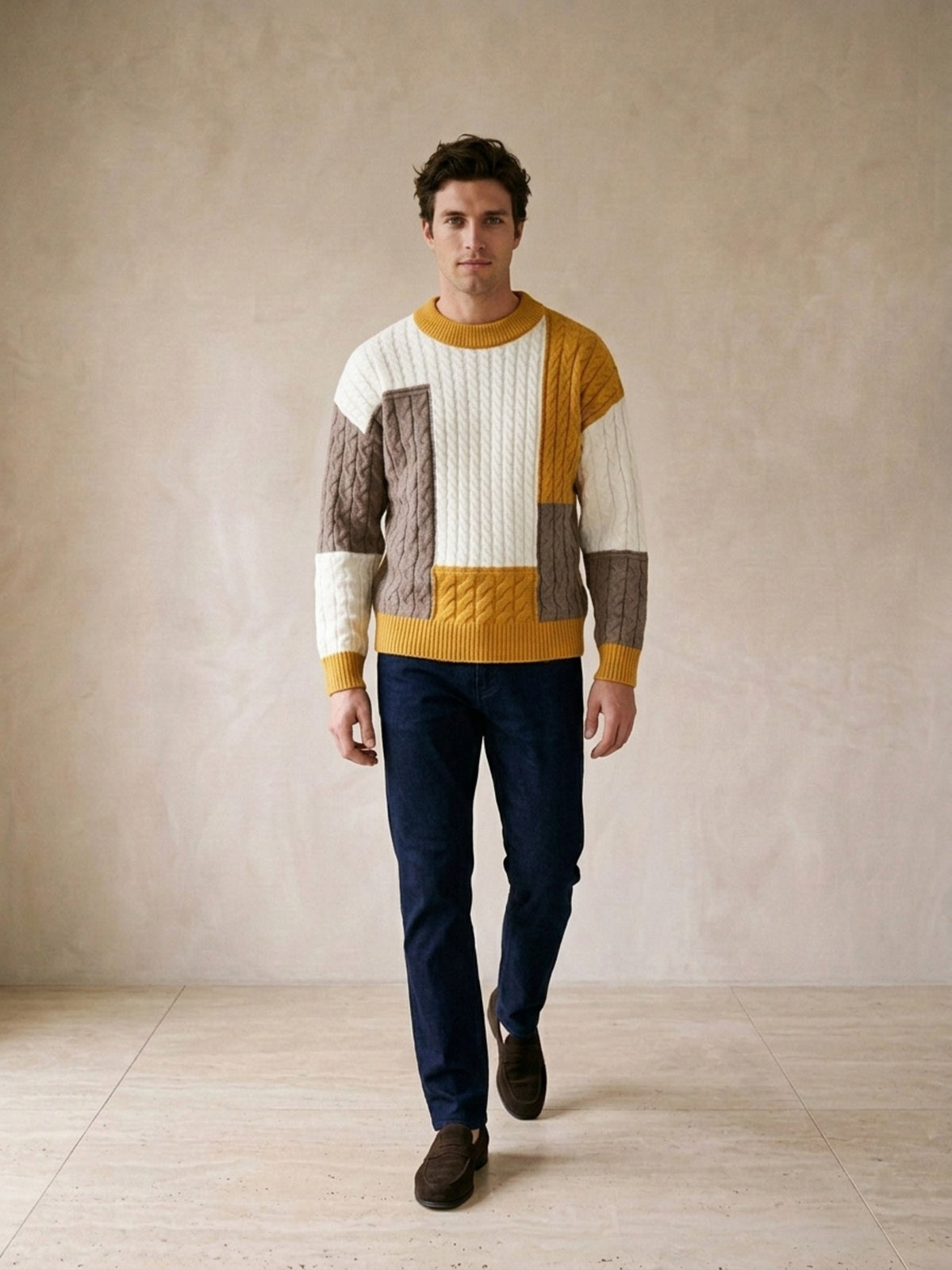 Amarelo | Suéter de tricô patchwork Sartong Iseltwald amarelo – corpo inteiro, modelo caminhando