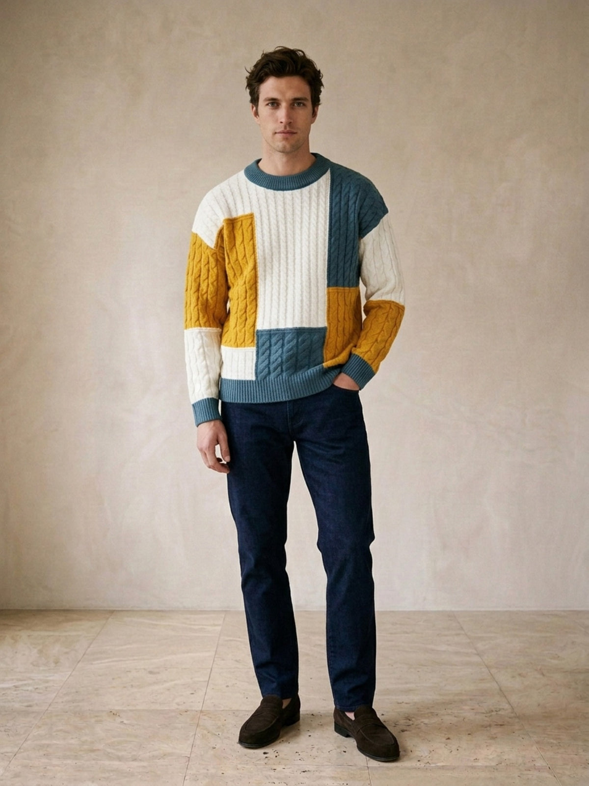 Azul | Suéter de tricô patchwork Sartong Iseltwald azul – vista de frente no modelo