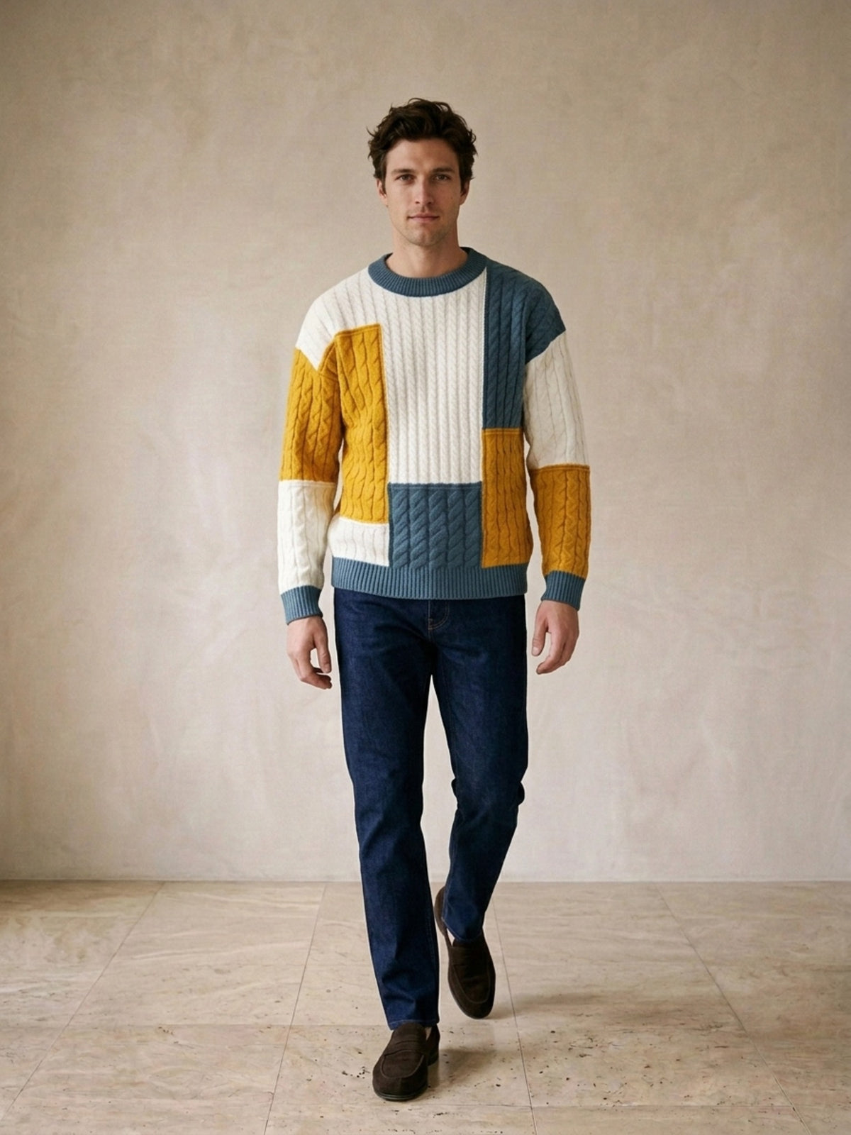 Azul | Suéter de tricô patchwork Sartong Iseltwald azul – modelo caminhando