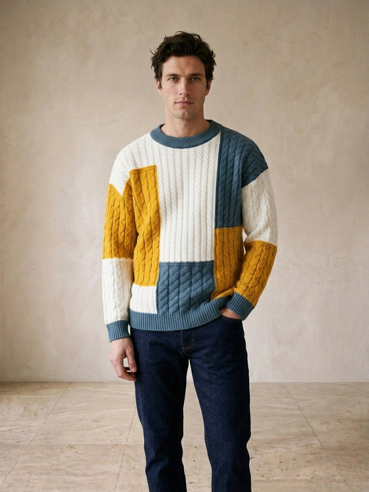 Azul | Suéter de tricô patchwork Sartong Iseltwald azul – detalhe da trama trançada