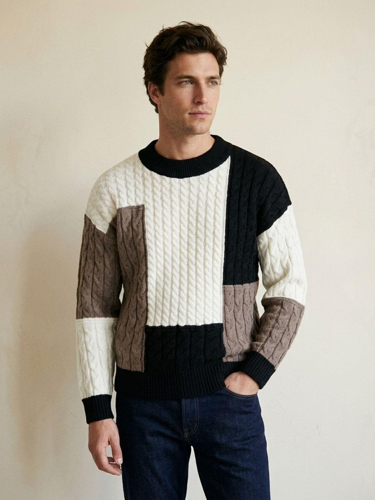 Preto | Suéter de tricô patchwork Sartong Iseltwald preto – vista de frente, recorte próximo