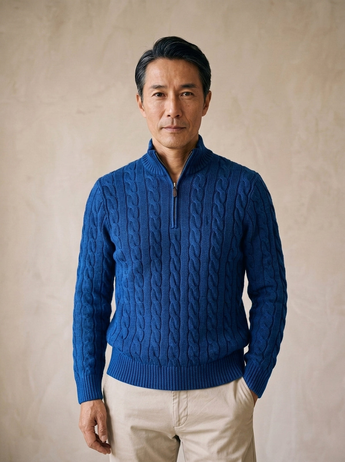 Azul | Suéter de tricot fino Kandersteg azul – vista de frente, recorte próximo