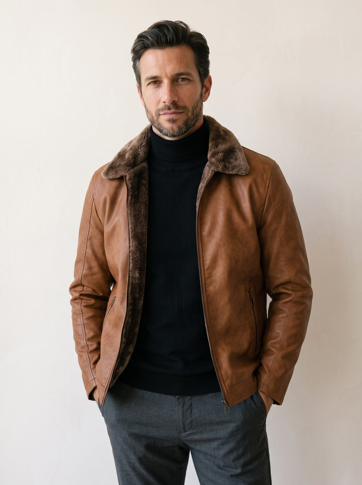 Marrom | Jaqueta de couro ecológico com gola de pelo Karlstad marrom – vista de frente, recorte próximo