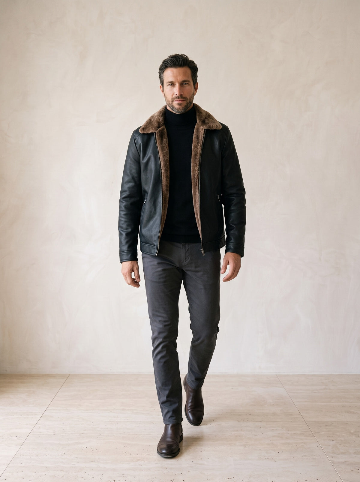 Preto | Jaqueta de couro ecológico com gola de pelo Karlstad preto – corpo inteiro, modelo caminhando