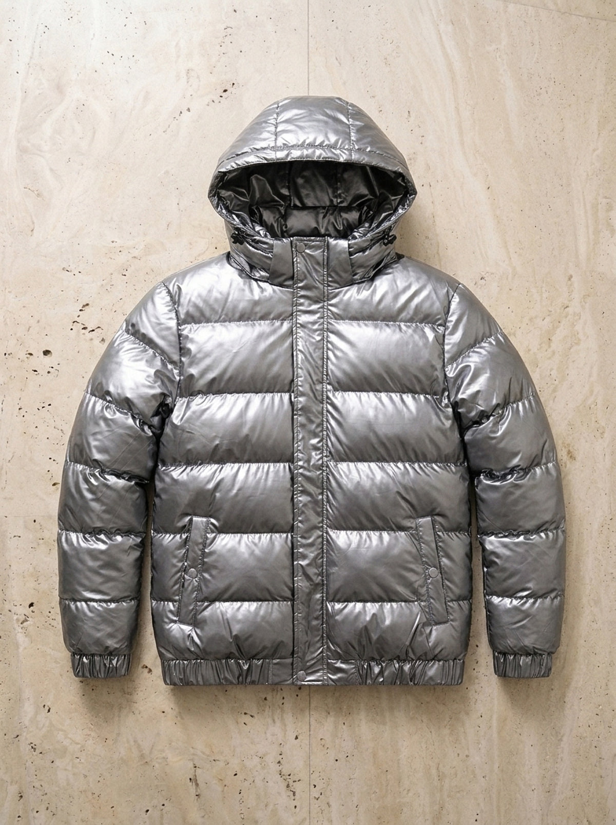 Cinza | Jaqueta puffer brilhante com capuz Kaunas cinza – peça sozinha vista de cima