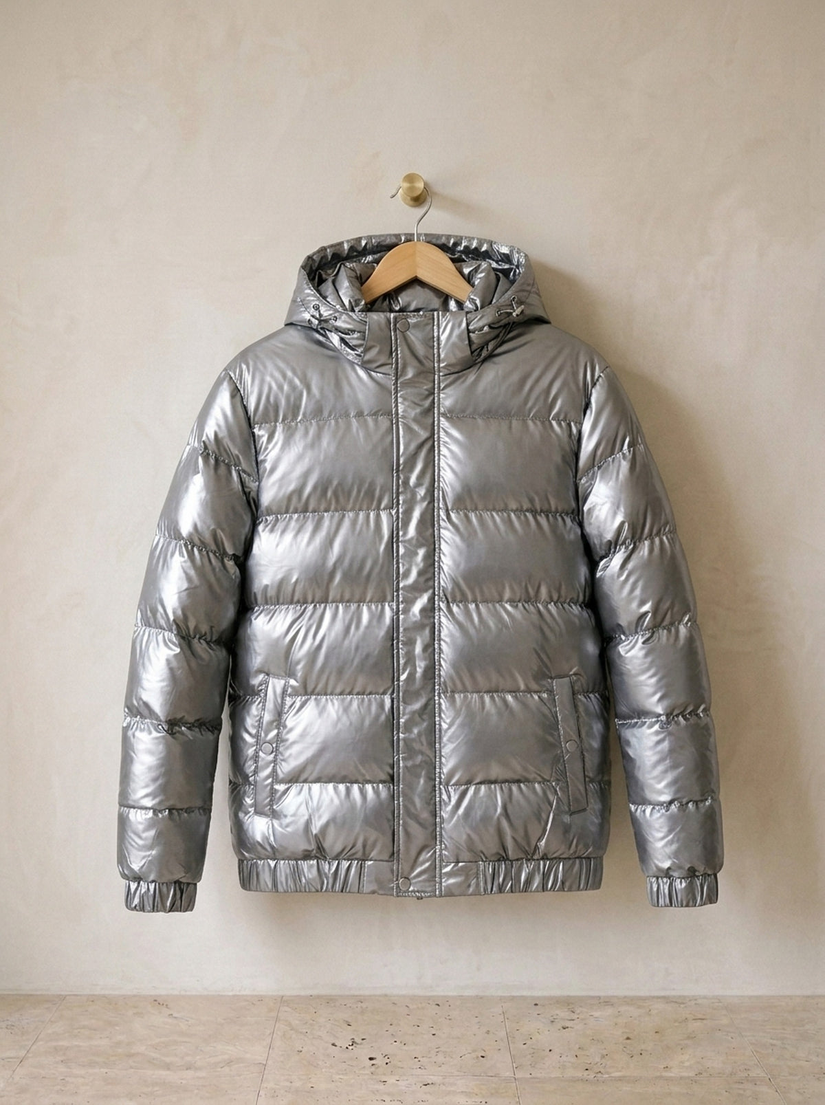 Cinza | Jaqueta puffer brilhante com capuz Kaunas cinza – peça sozinha, foto de produto