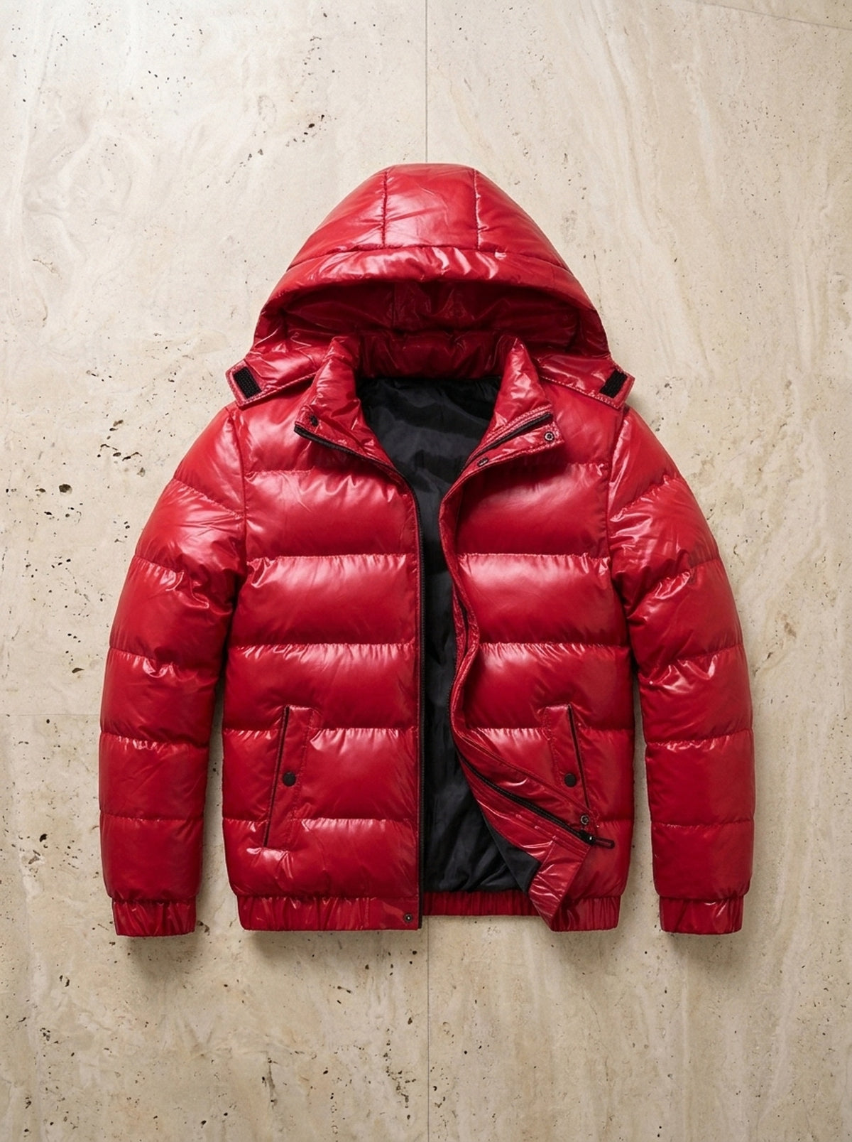 Vermelho | Jaqueta puffer brilhante com capuz Kaunas vermelho – peça sozinha vista de cima