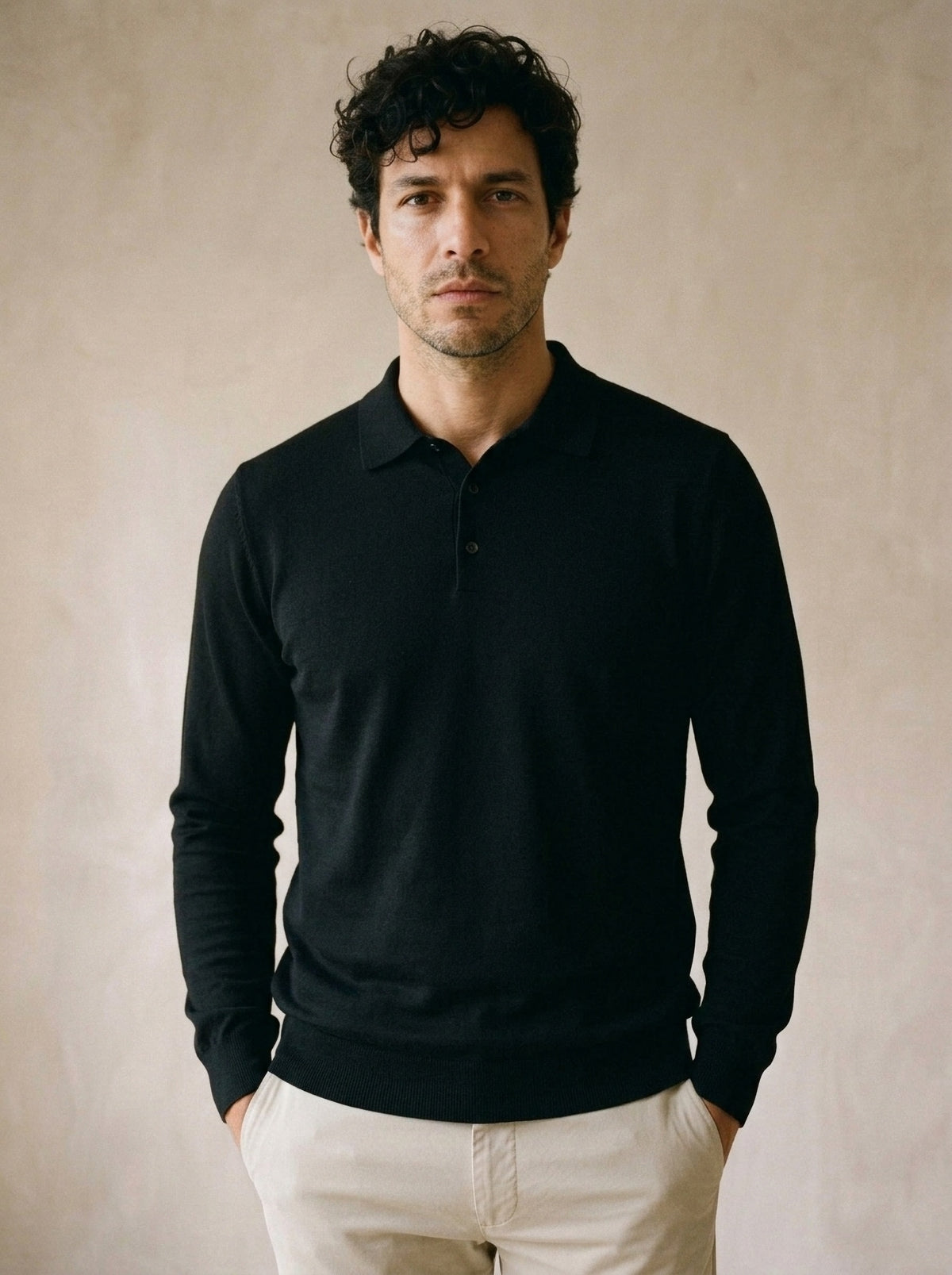 Preto | Camisa polo de tricot Killarney preto – vista de frente, recorte próximo