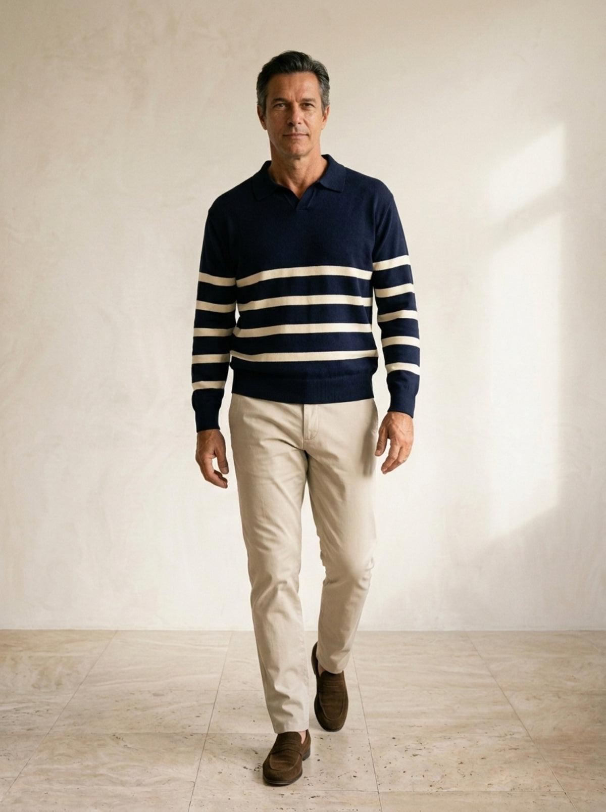 Azul-marinho | Suéter polo listrado Lauterbrunnen azul-marinho – corpo inteiro, modelo caminhando
