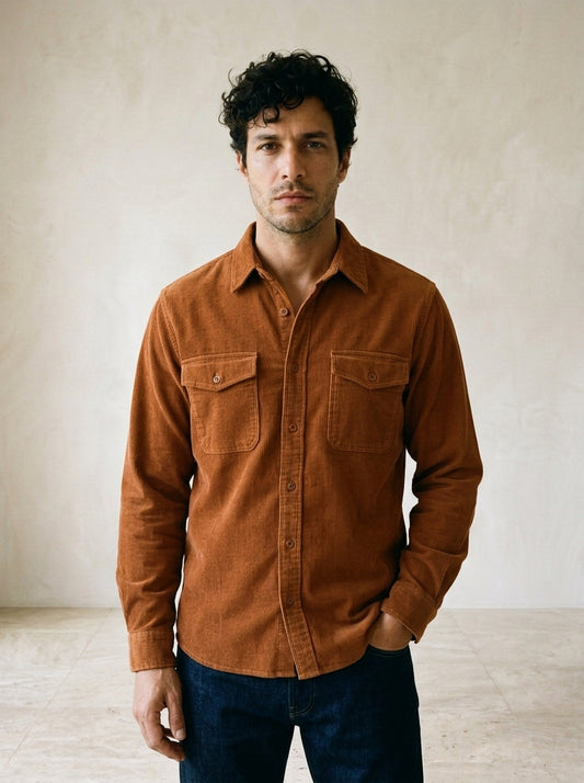 Laranja | Camisa de veludo cotelê Lecce laranja – vista de frente, recorte próximo