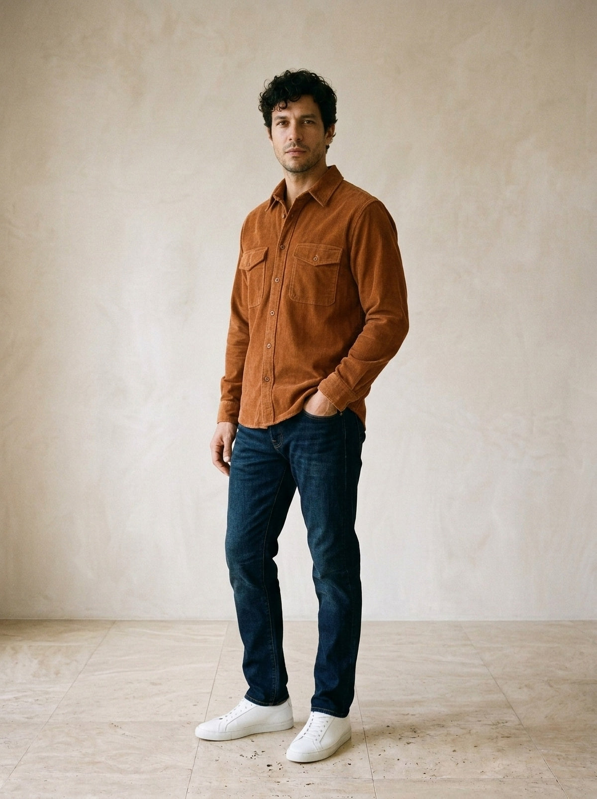 Laranja | Camisa de veludo cotelê Lecce laranja – vista três quartos