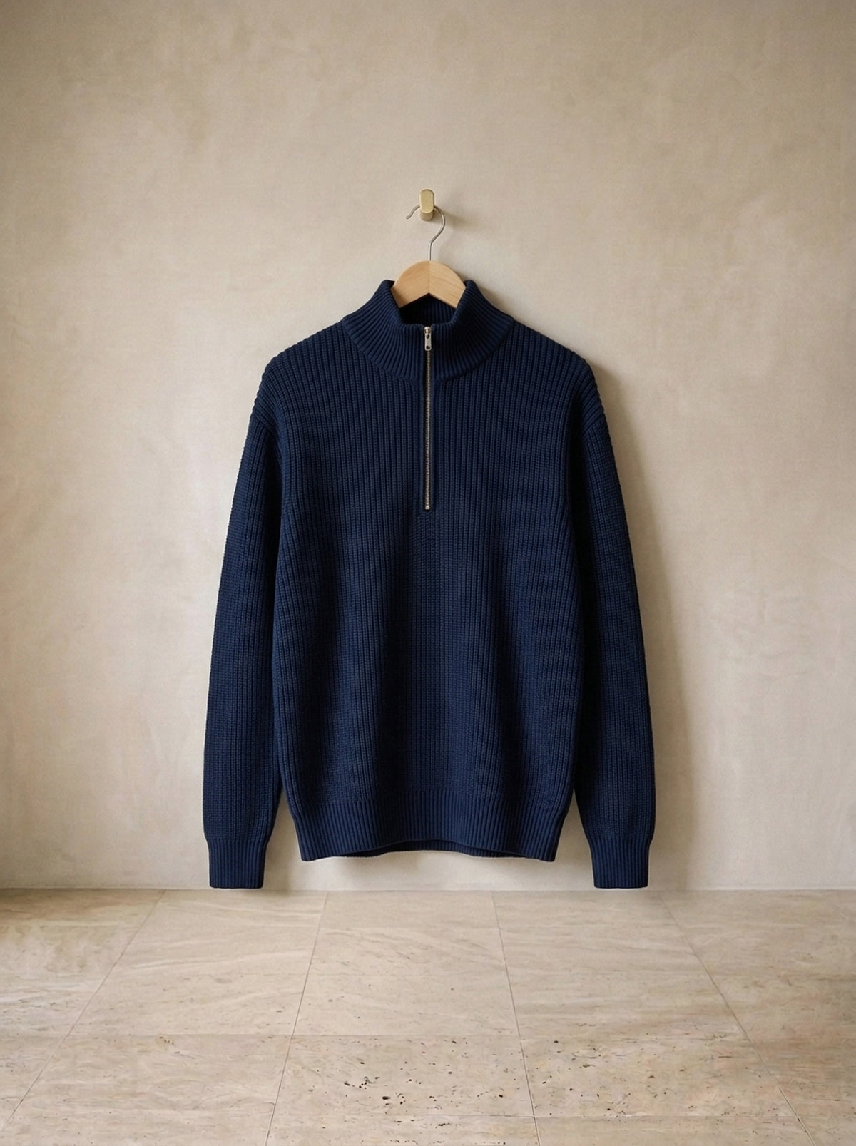 Azul-marinho | Suéter canelado meio zíper Les Houches azul-marinho – peça sozinha, foto de produto