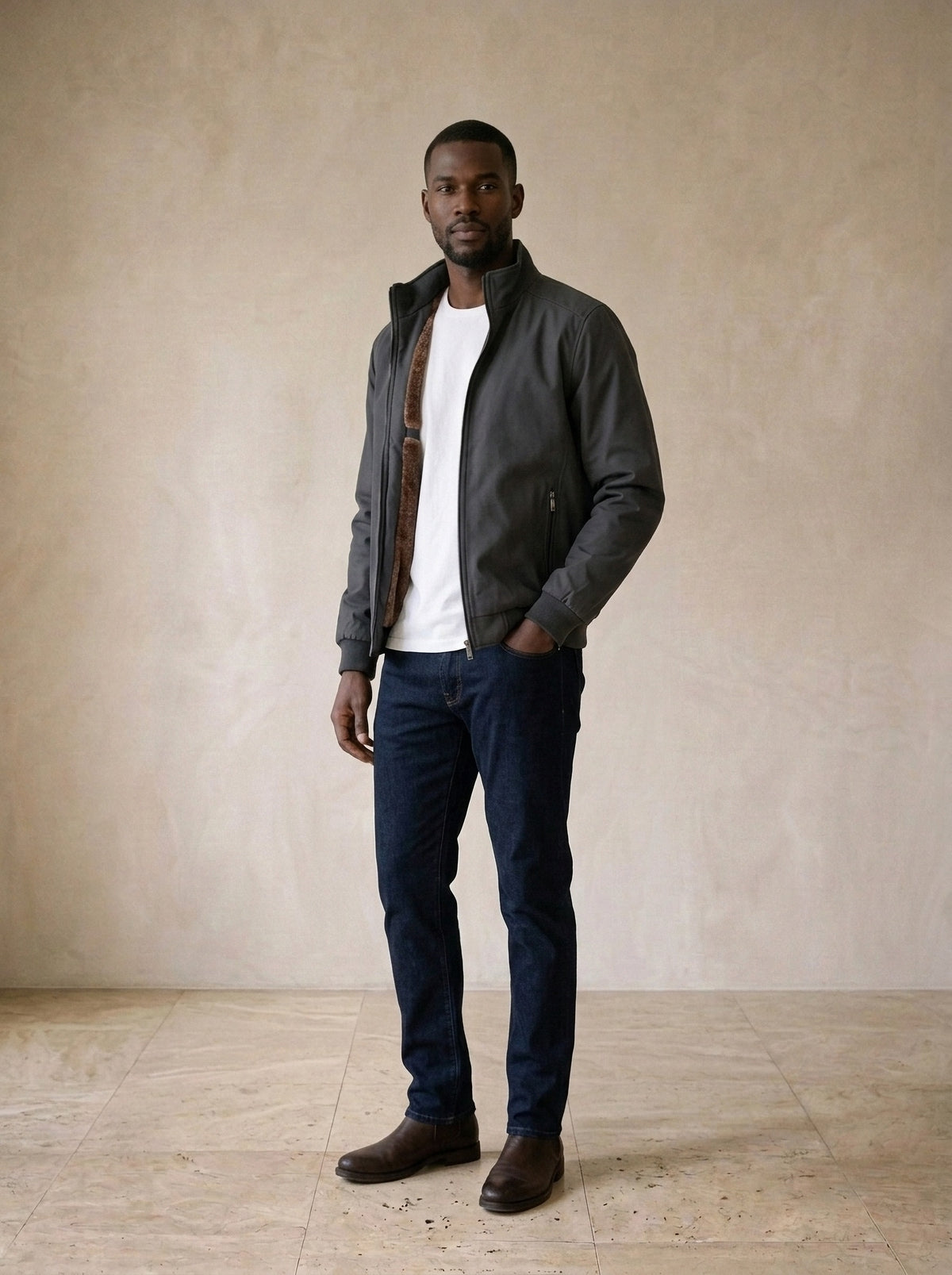 Cinza | Jaqueta forrada de pelúcia Leuven cinza – vista três quartos