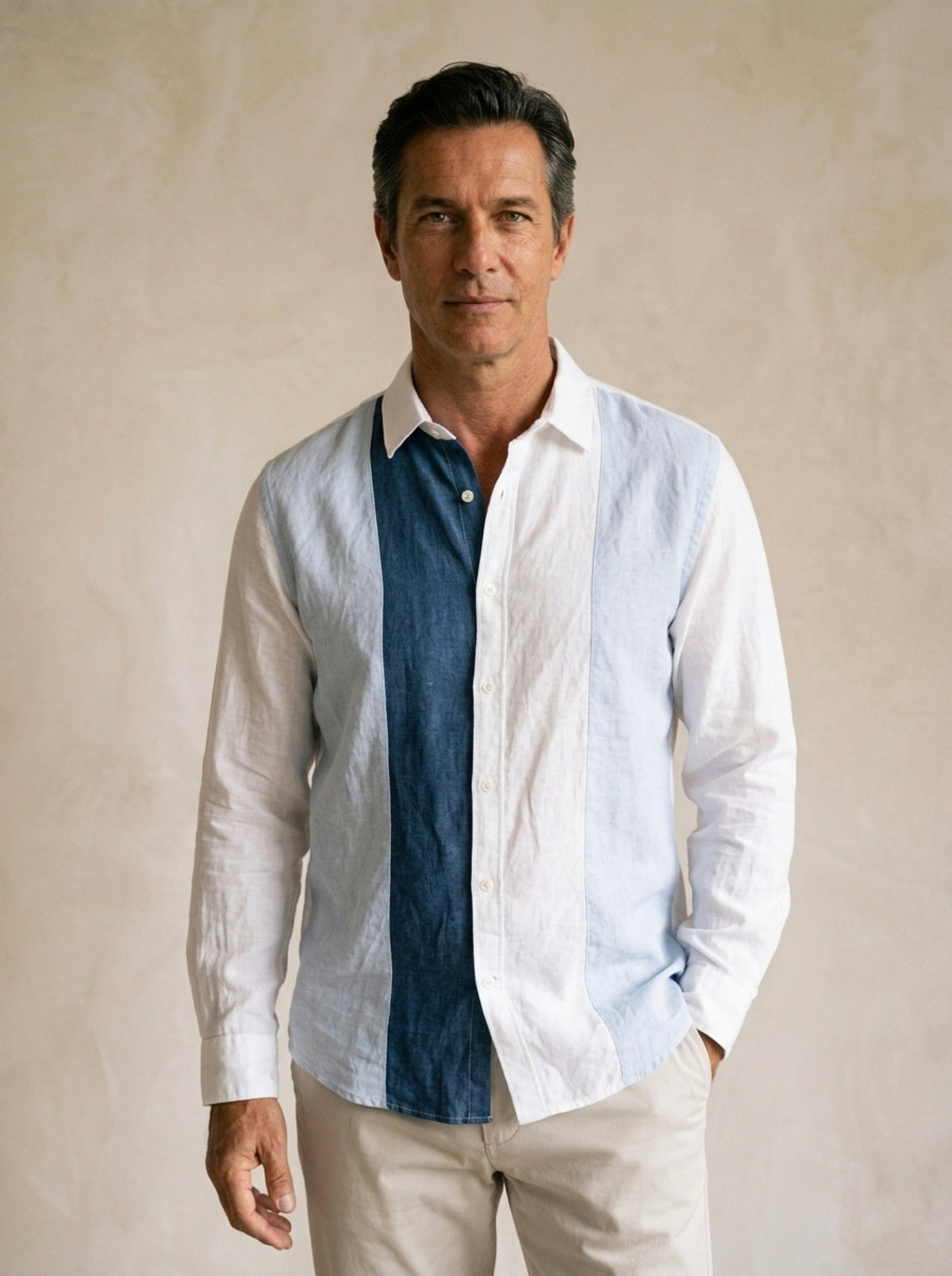 Camisa de linho patchwork Lille – vista de frente, recorte próximo