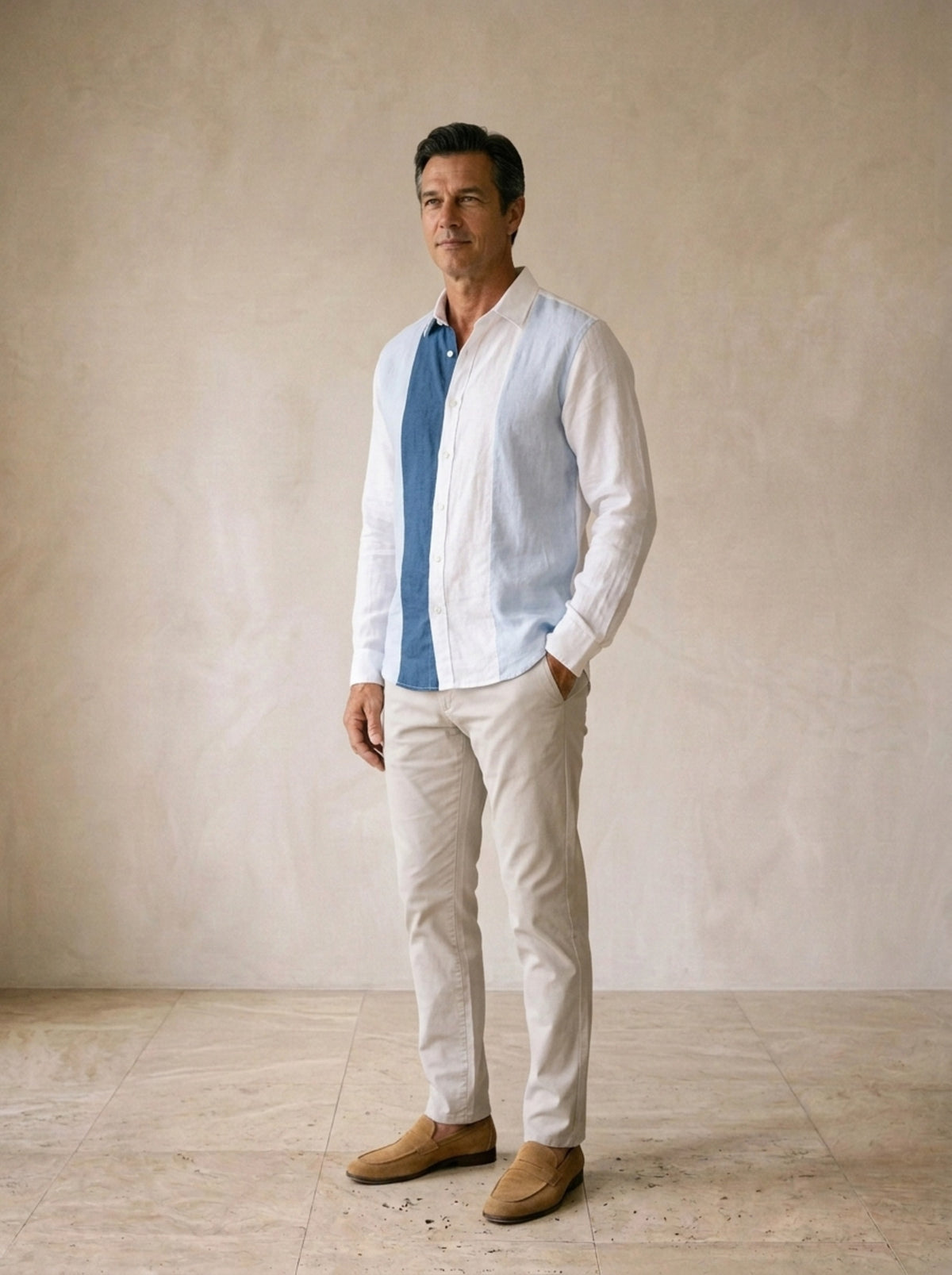 Camisa de linho patchwork Lille – vista três quartos