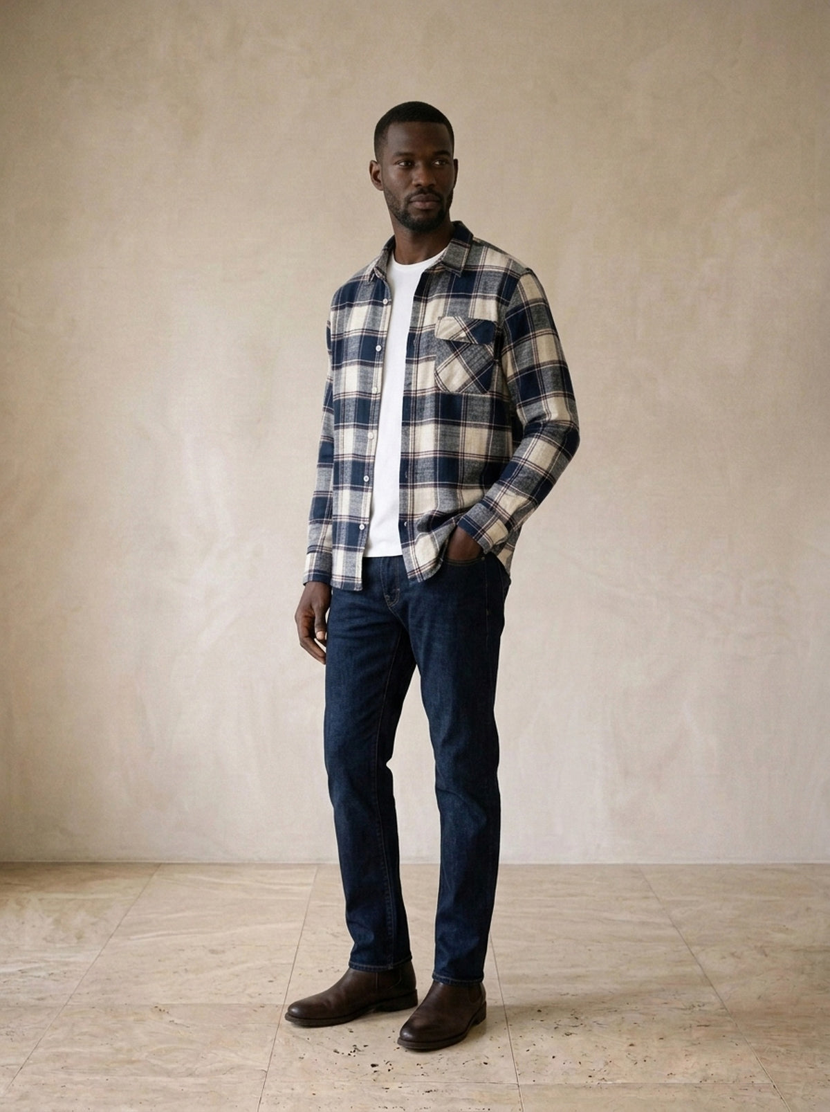 Azul | Camisa de flanela xadrez Lisboa azul – vista três quartos