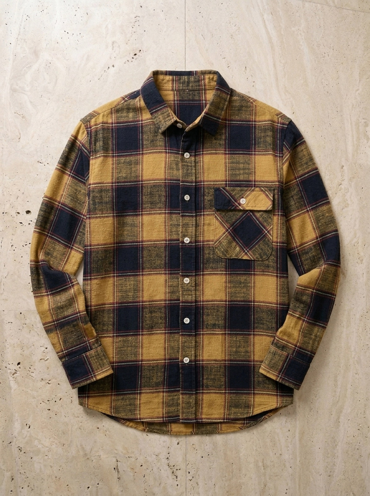 Caqui | Camisa de flanela xadrez Lisboa caqui – peça sozinha vista de cima