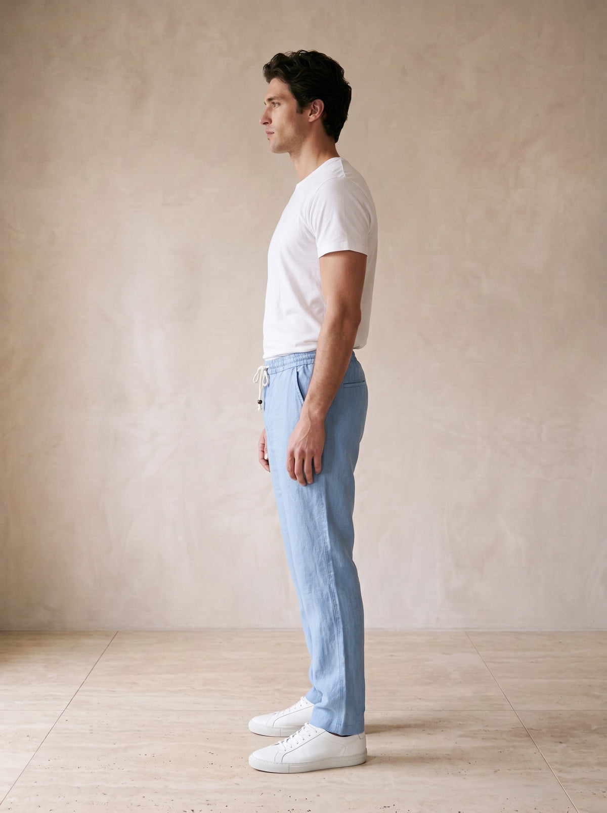 Azul-claro | Calça de linho com cordão Liverpool azul-claro – vista de perfil