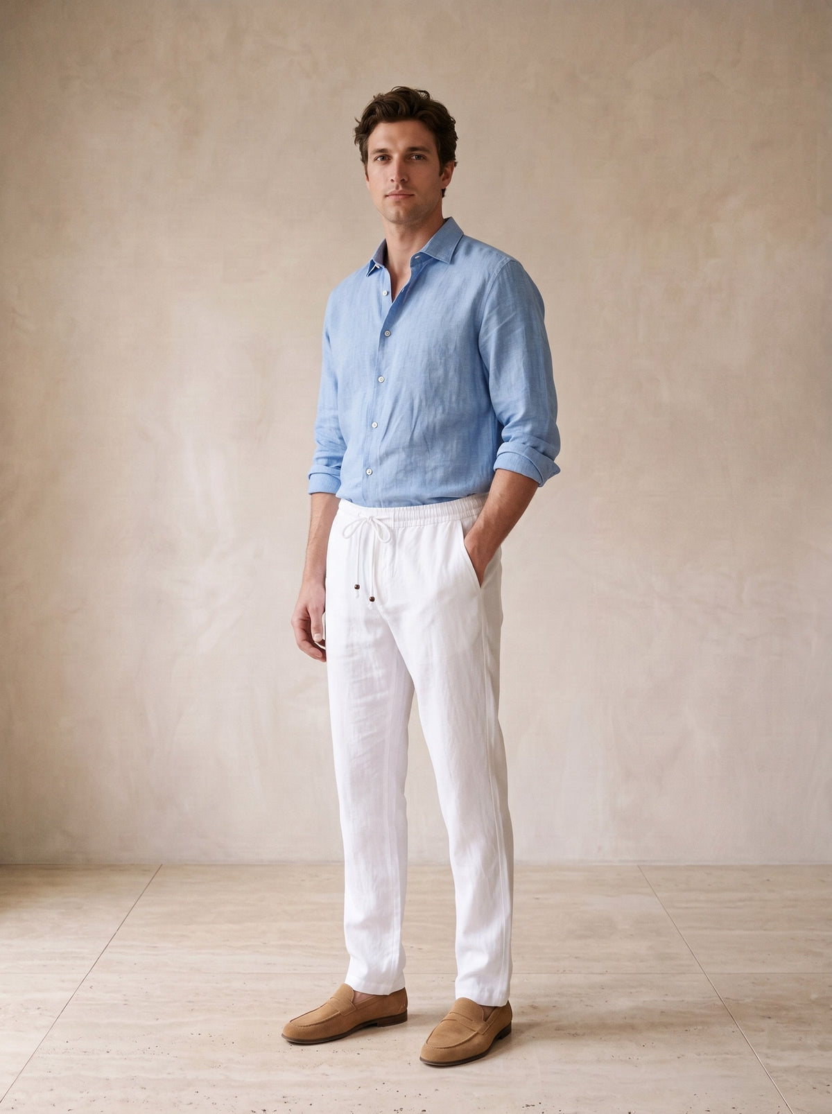 Branco | Calça de linho com cordão Liverpool branco – corpo inteiro