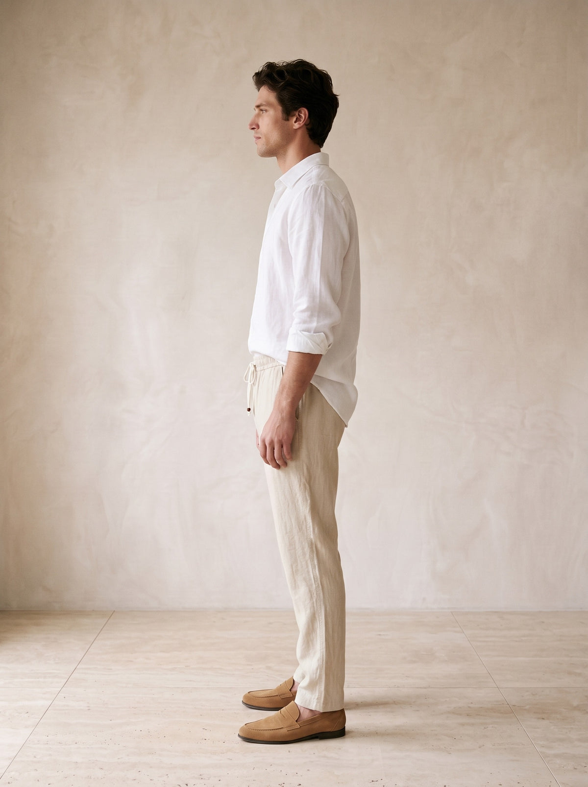 Caqui | Calça de linho com cordão Liverpool caqui – vista de perfil