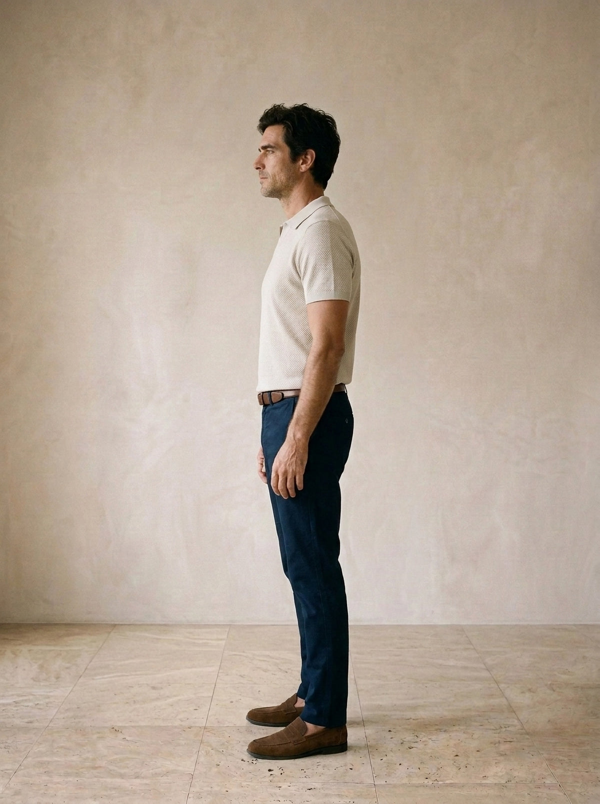 Bege | Camisa polo de tricot slim Londres bege – vista de perfil