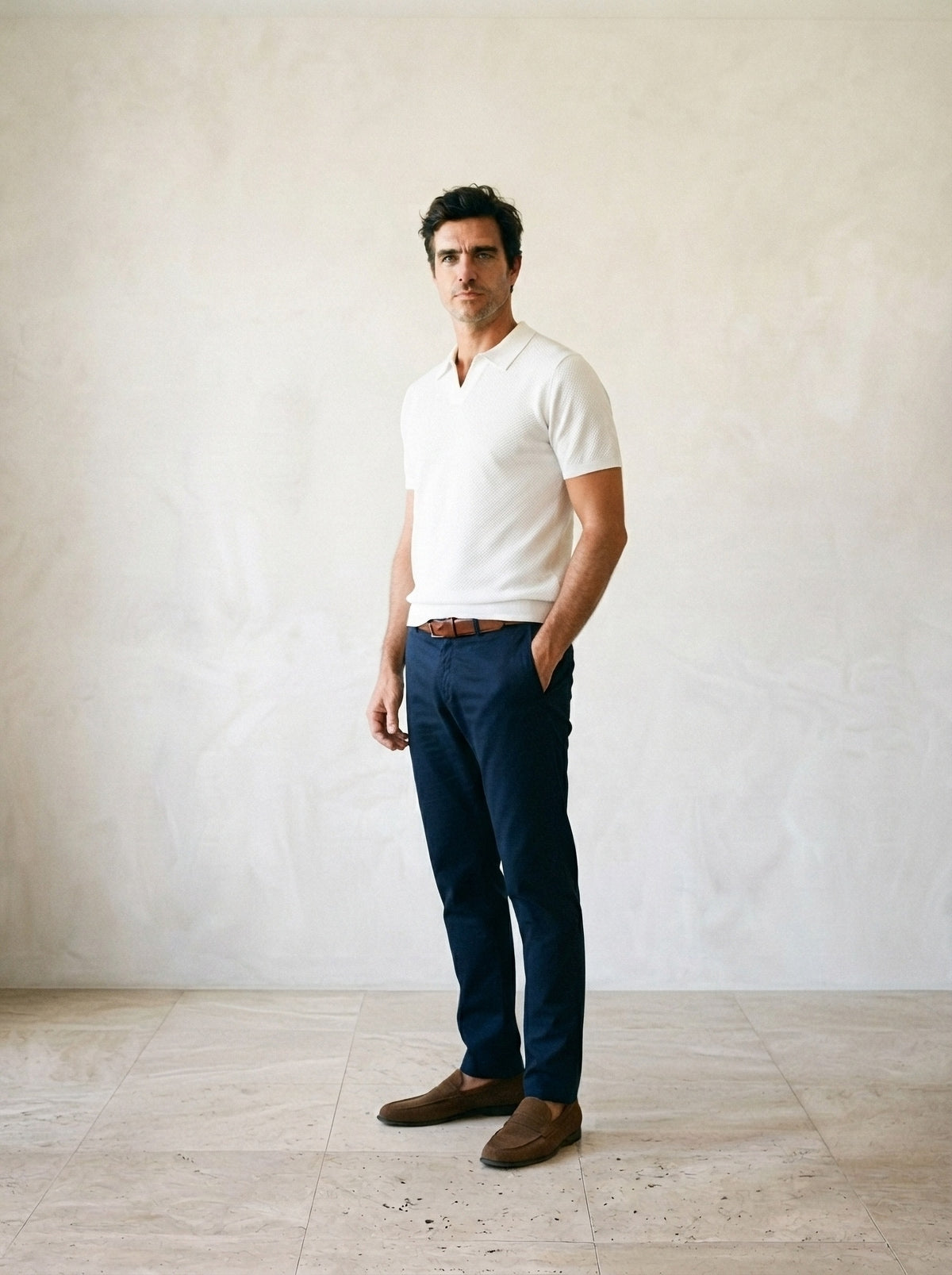 Branco | Camisa polo de tricot slim Londres branco – vista três quartos