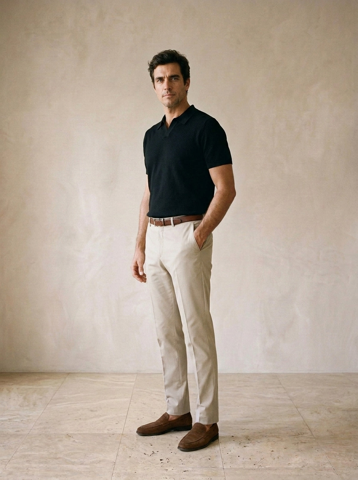 Preto | Camisa polo de tricot slim Londres preto – vista três quartos