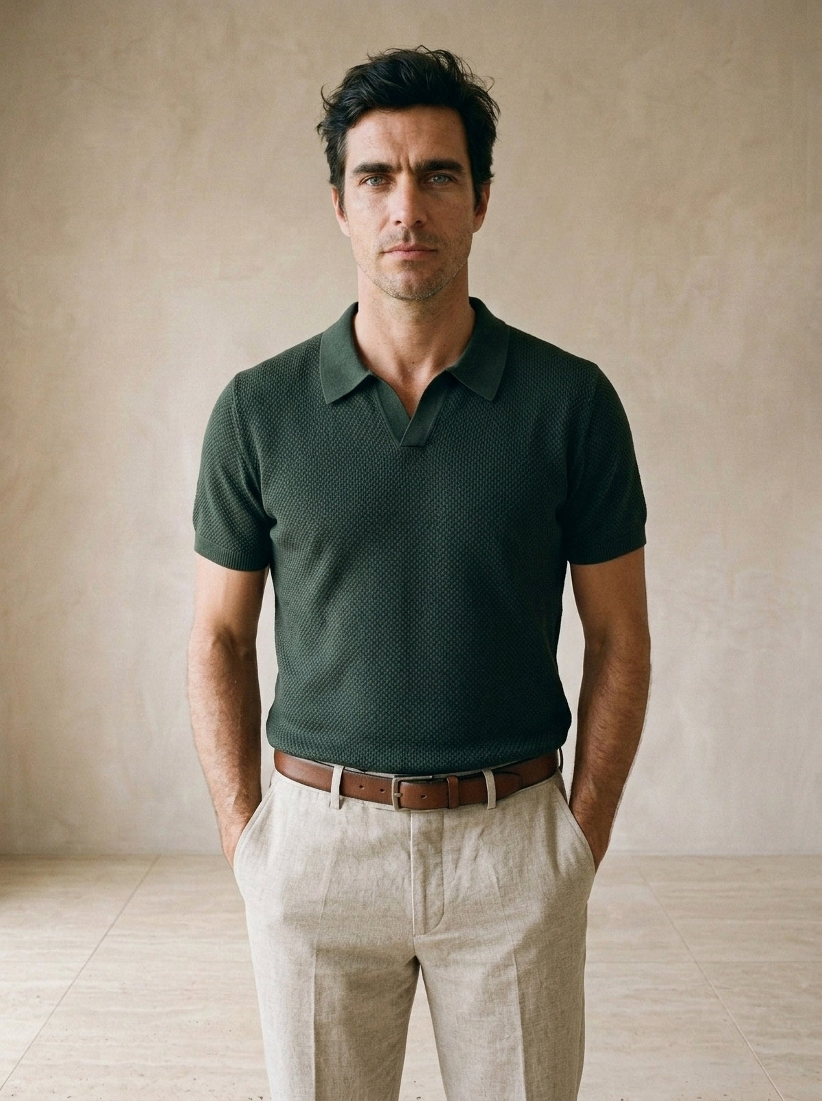 Verde-escuro | Camisa polo de tricot slim Londres verde-escuro – vista de frente, recorte próximo