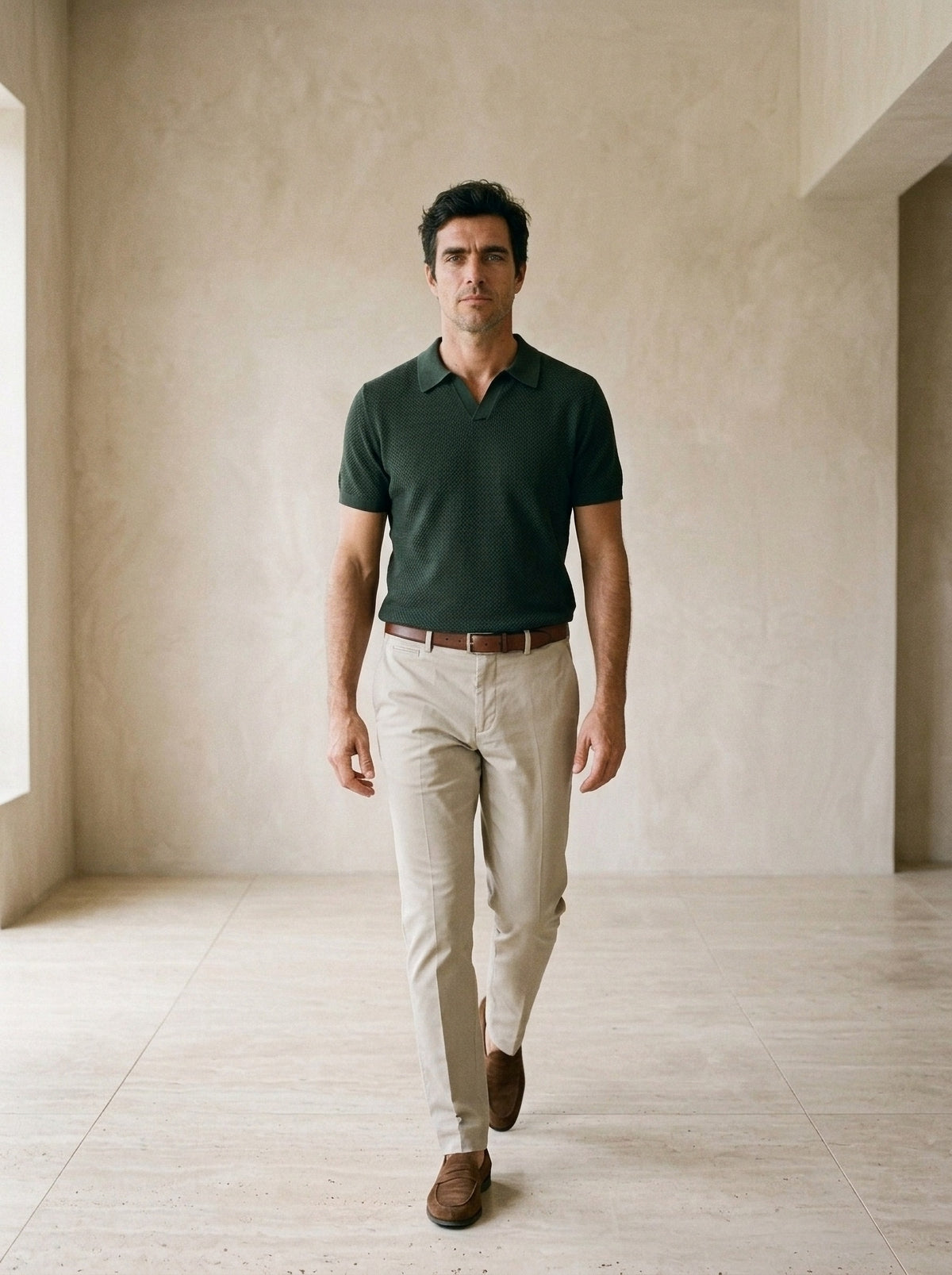 Verde-escuro | Camisa polo de tricot slim Londres verde-escuro – corpo inteiro, modelo caminhando