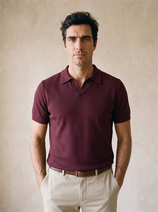 Vinho | Camisa polo de tricot slim Londres vinho – vista de frente, recorte próximo