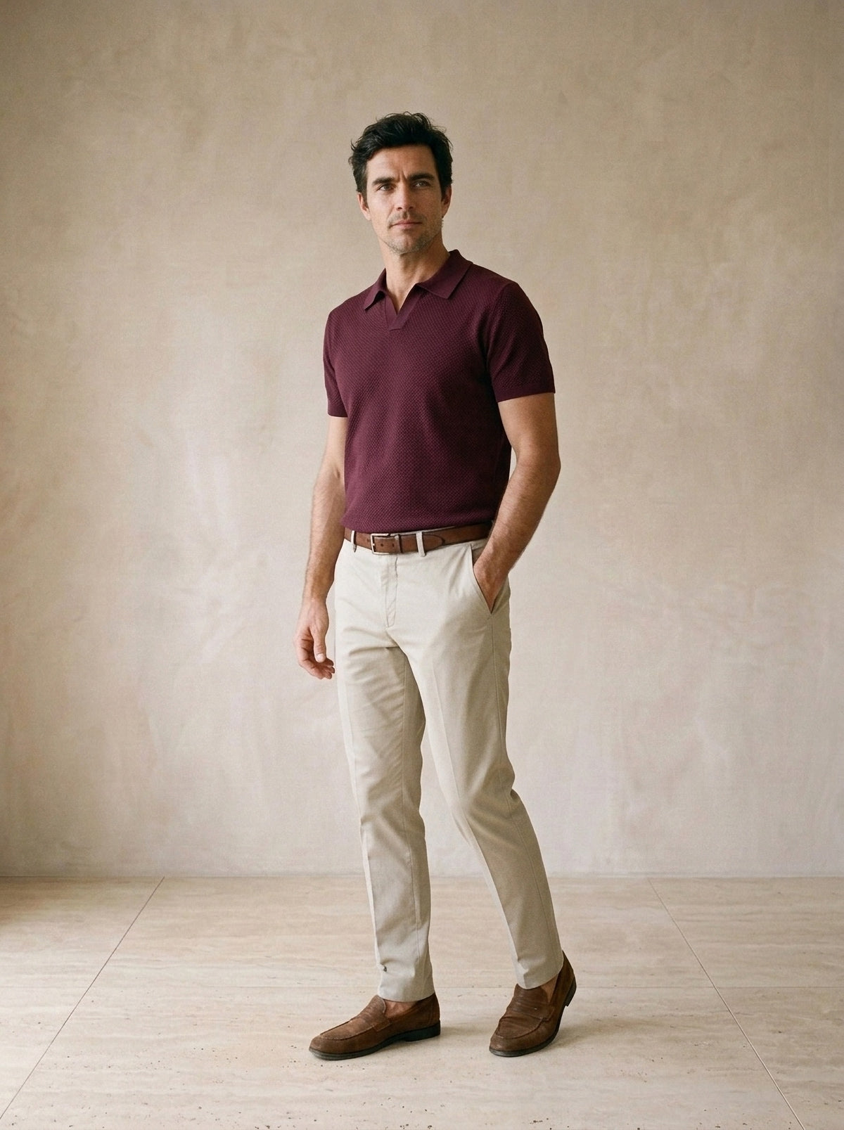 Vinho | Camisa polo de tricot slim Londres vinho – vista três quartos