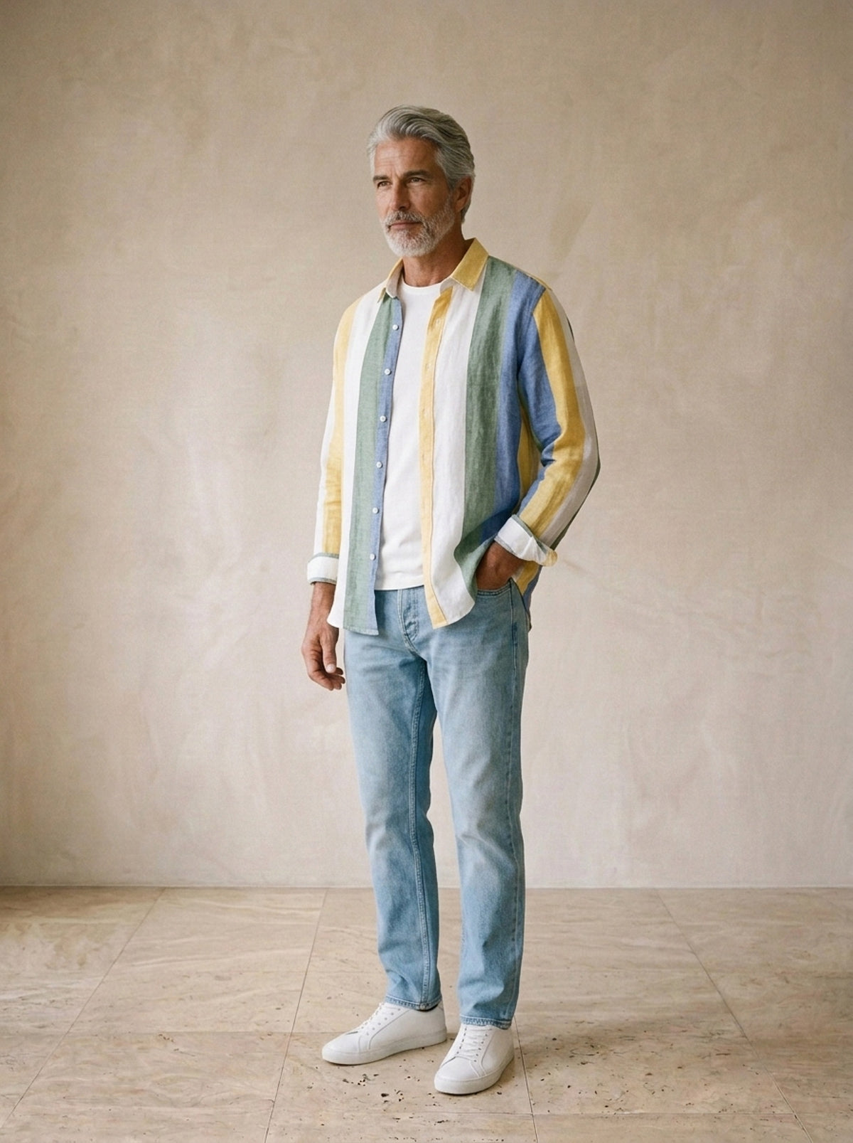 Amarelo | Camisa de linho listras largas Lucca amarelo – vista três quartos