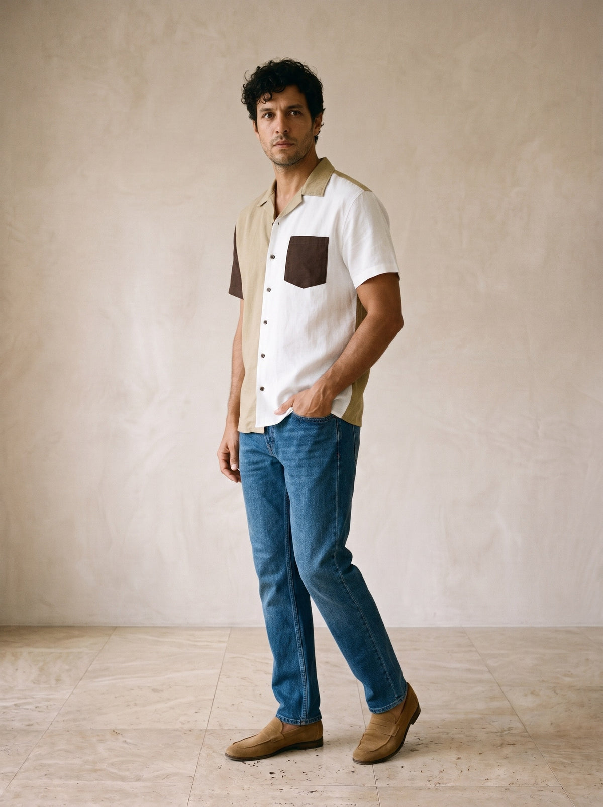 Camisa de linho bicolor Madrid – vista três quartos